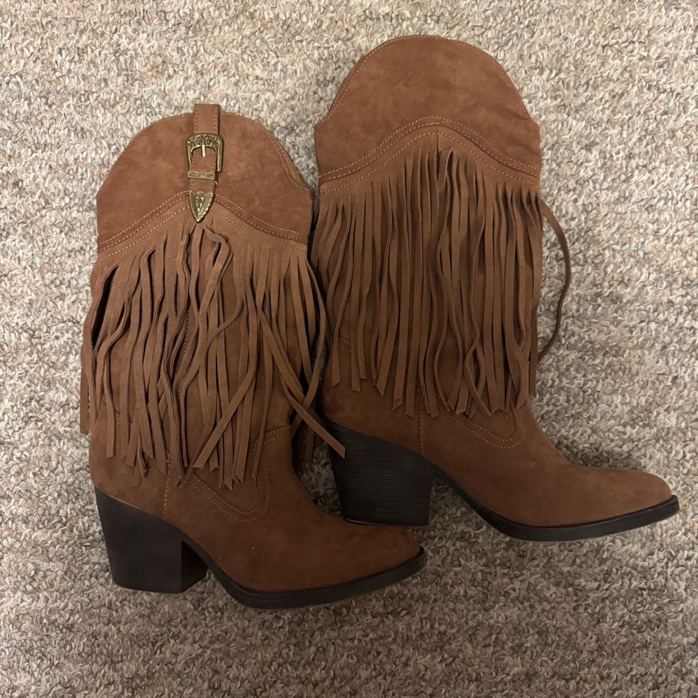 Madden Girl Fringe Suede Western Mid-Heel Boots - Brown